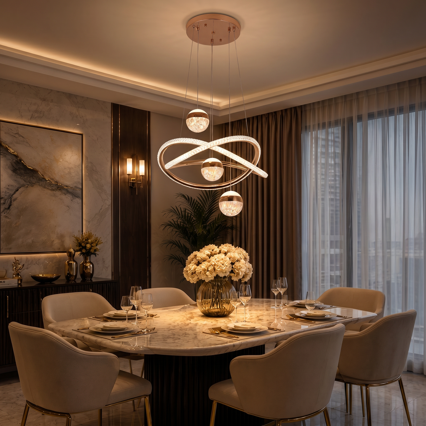 Lustre Celeste Orbit – Suspension LED Dorée avec Boucle Infinie & Design Globe en Cristal