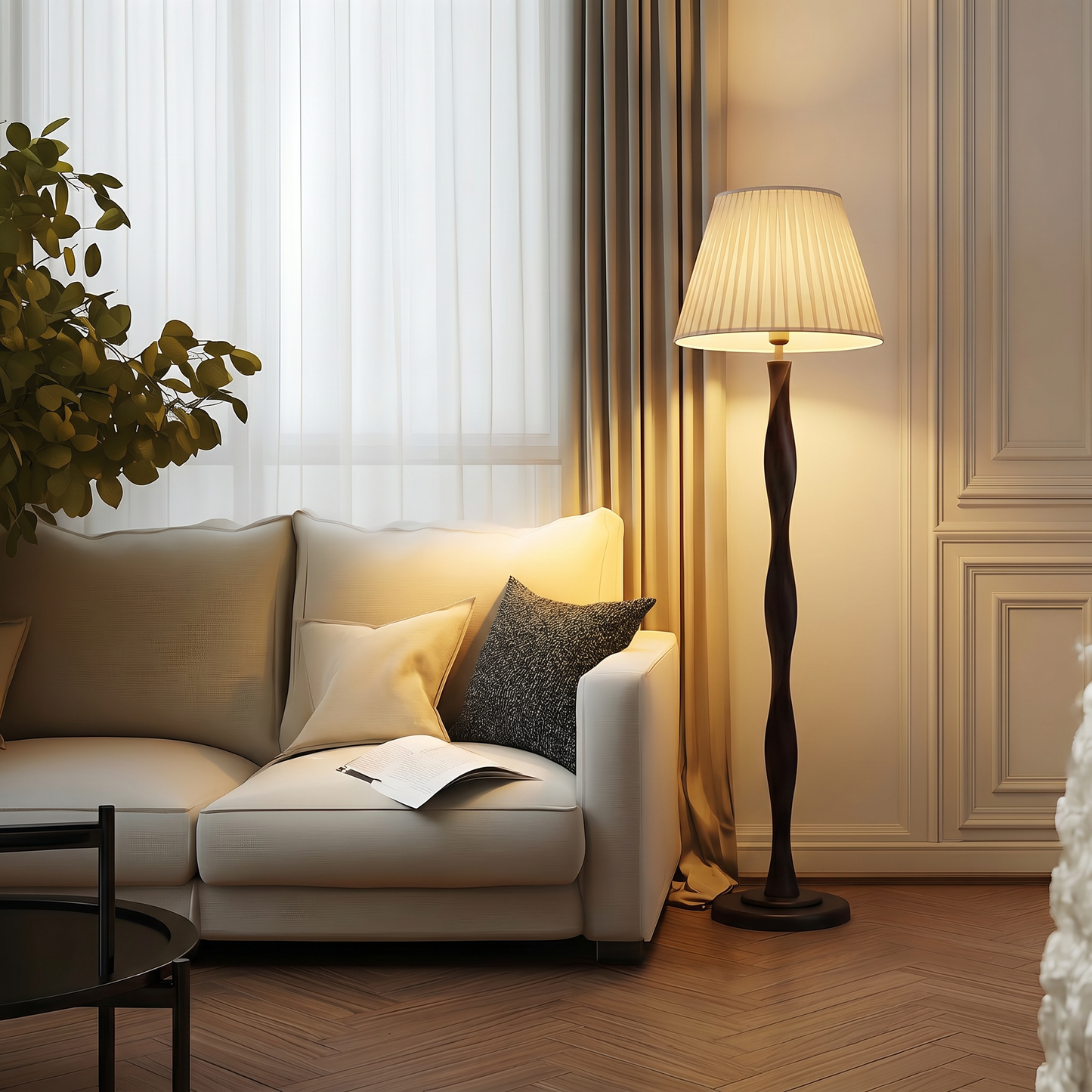 Lampadaire Sculptura – Grand lampadaire décoratif torsadé noir avec abat-jour en tissu chaud