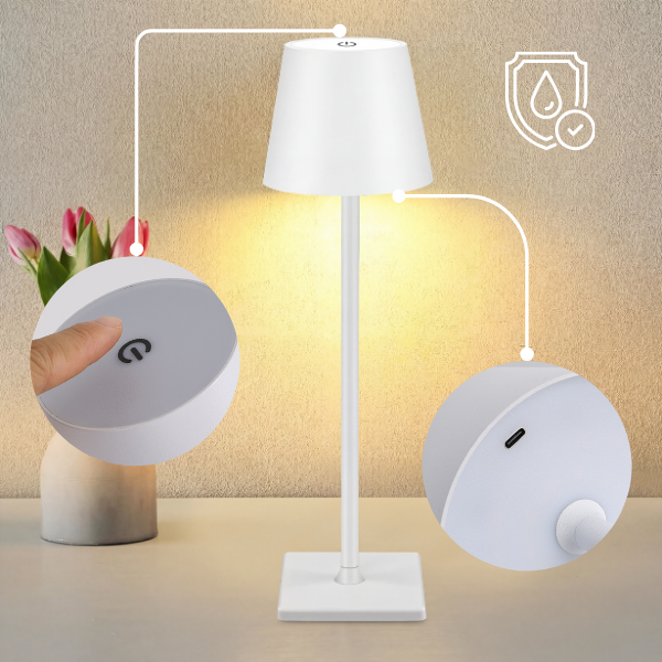 Lampe de table à LED sans fil – Rechargeable, tactile à intensité variable (3 modes d'éclairage), (blanc, noir)