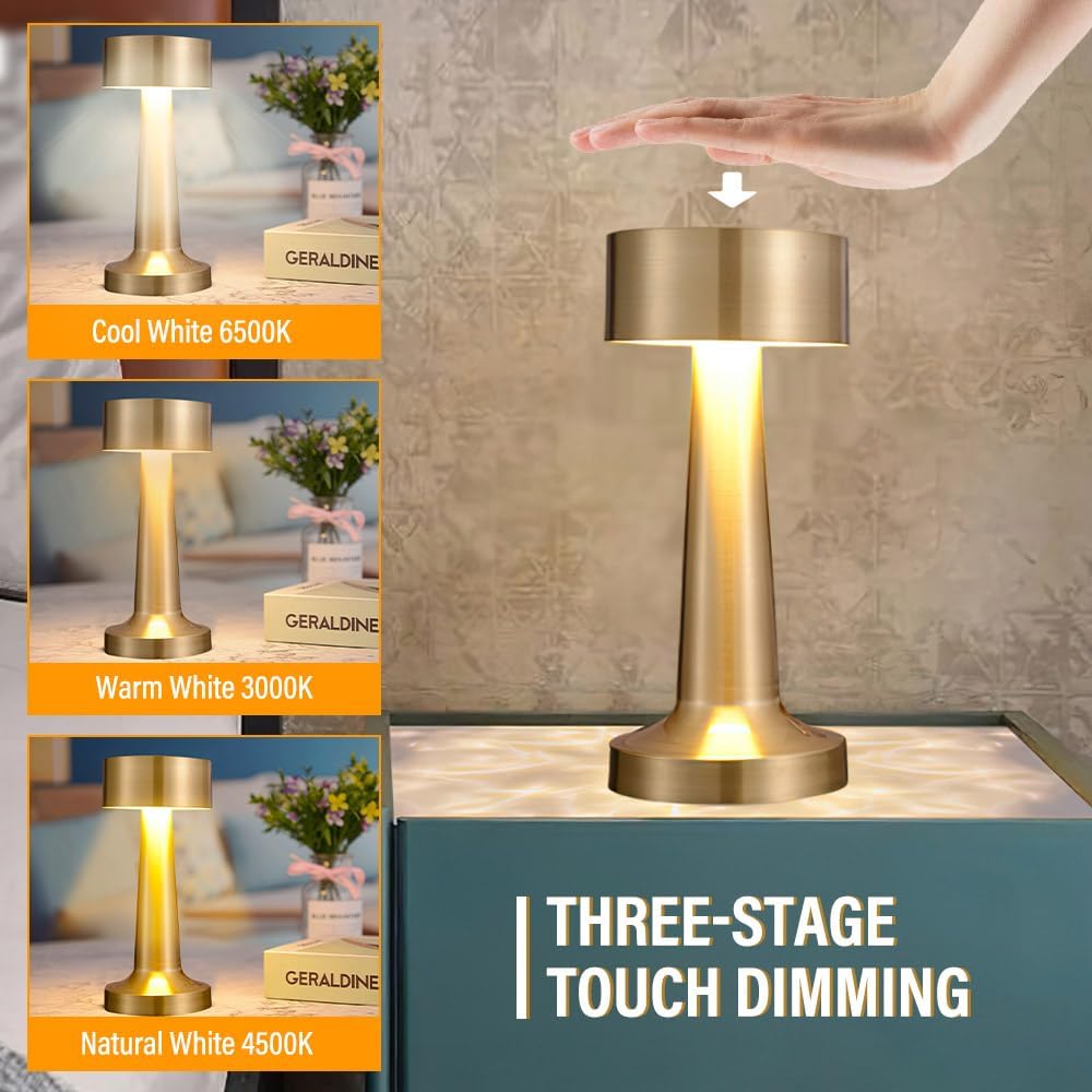 Lampe de table LED dorée rechargeable – Intensité réglable tactile, 3 modes de couleur, lumière d'ambiance sans fil