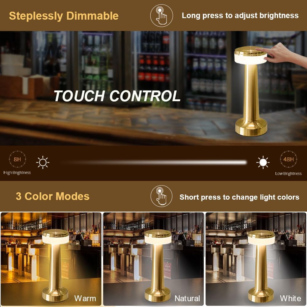 Lampe de table LED dorée rechargeable – Tactile, Intensité variable, 3 modes de couleur, Lumière d'ambiance moderne sans fil