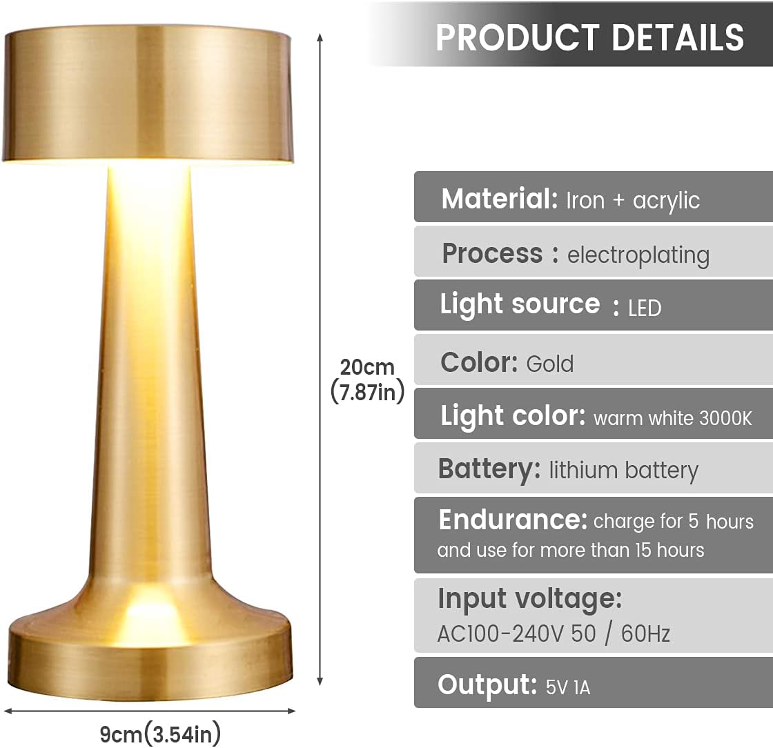 Lampe de table LED dorée rechargeable – Intensité réglable tactile, 3 modes de couleur, lumière d'ambiance sans fil