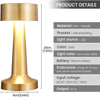 Lampe de table LED dorée rechargeable – Intensité réglable tactile, 3 modes de couleur, lumière d'ambiance sans fil