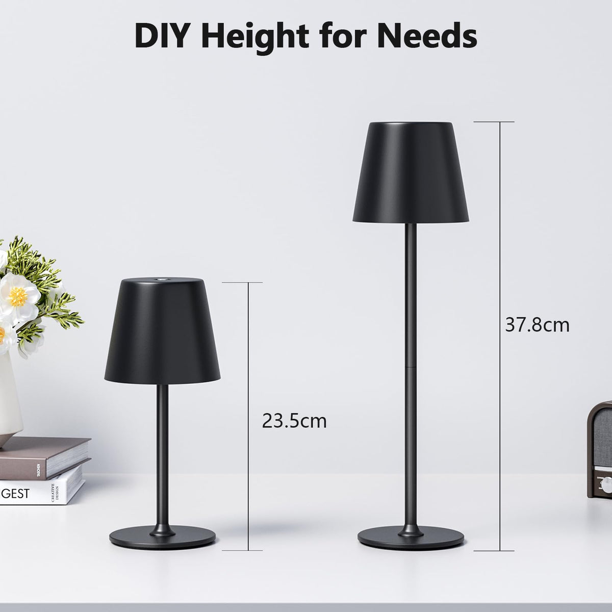 Lampe de table LED sans fil noire – Rechargeable, tactile à intensité variable (3 modes d'éclairage)