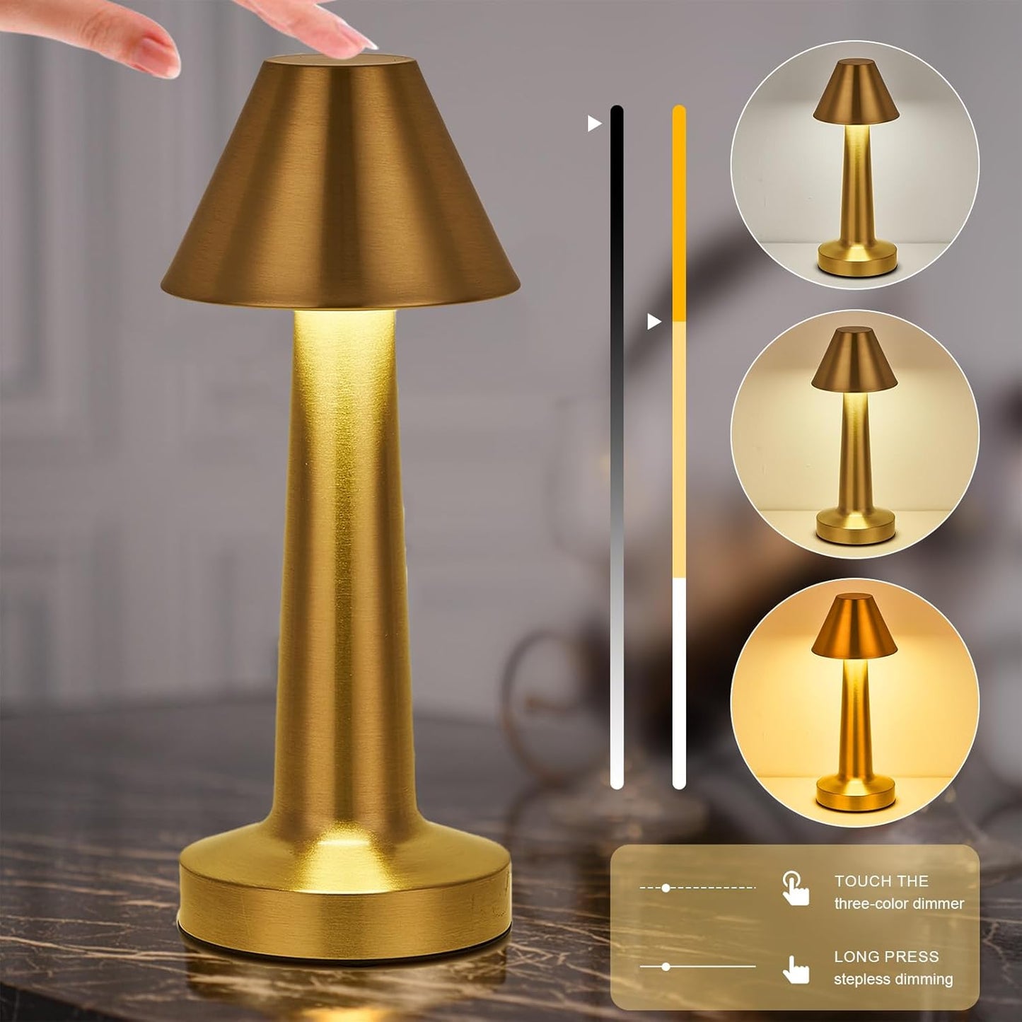 Lampe de table LED sans fil tactile dorée – Intensité réglable, 3 modes d'éclairage, rechargeable par USB