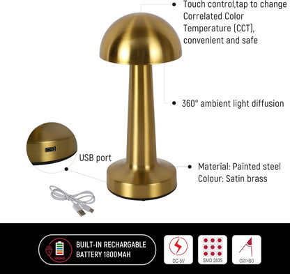 Lampe de table LED sans fil rechargeable – Intensité tactile réglable, 3 modes d'éclairage, design moderne en laiton