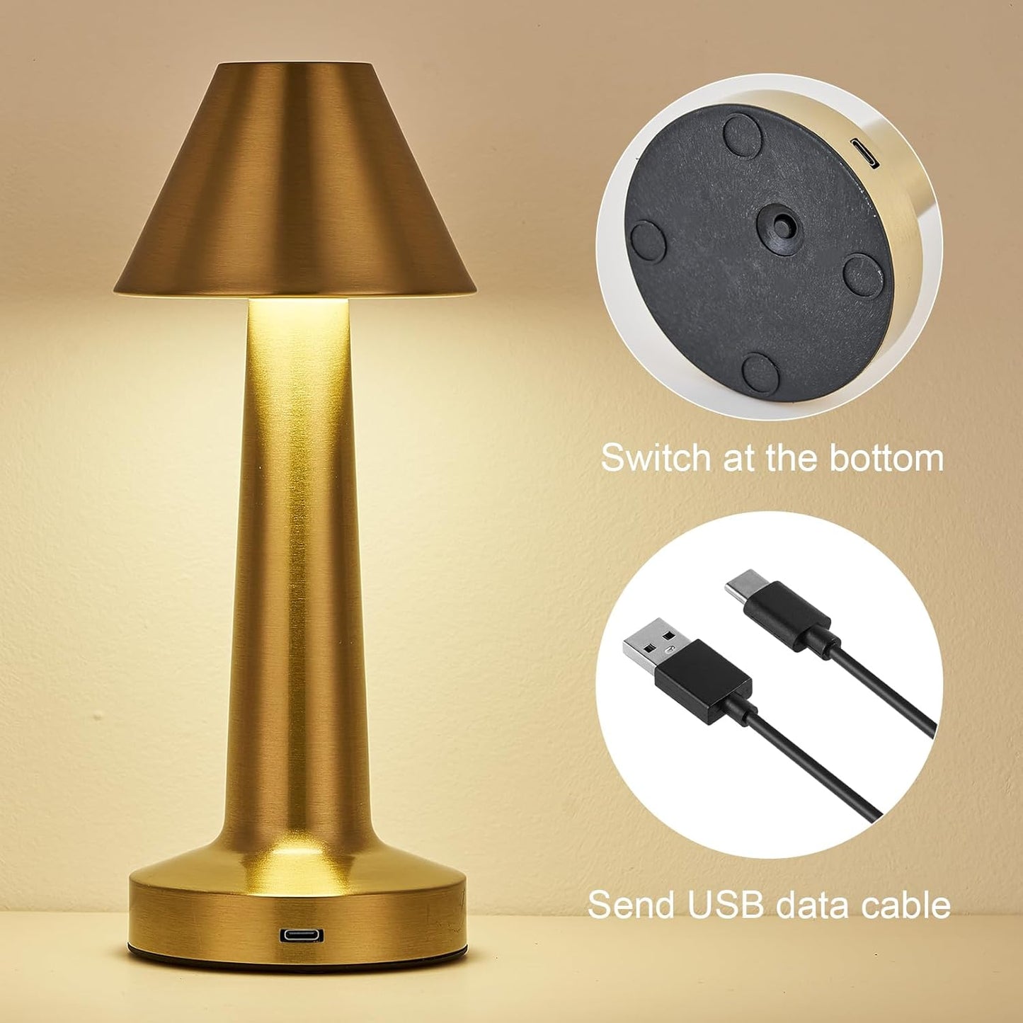 Lampe de table LED sans fil tactile dorée – Intensité réglable, 3 modes d'éclairage, rechargeable par USB