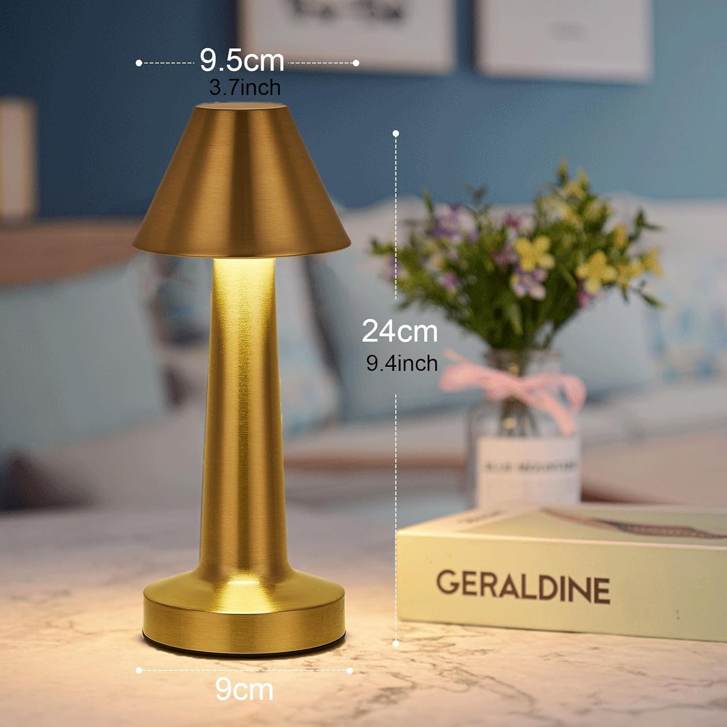 Lampe de table LED sans fil tactile dorée – Intensité réglable, 3 modes d'éclairage, rechargeable par USB