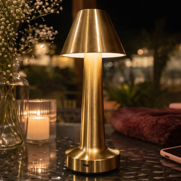 Lampe de table LED sans fil tactile dorée – Intensité réglable, 3 modes d'éclairage, rechargeable par USB