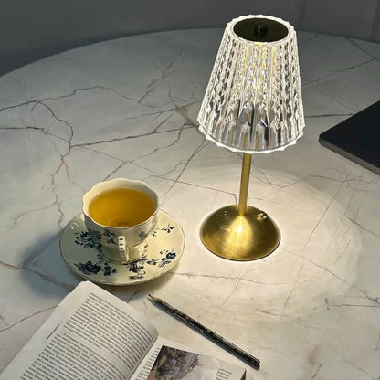 Lampe de table à LED sans fil en cristal – Veilleuse tactile dorée à intensité variable (3 couleurs, rechargeable)