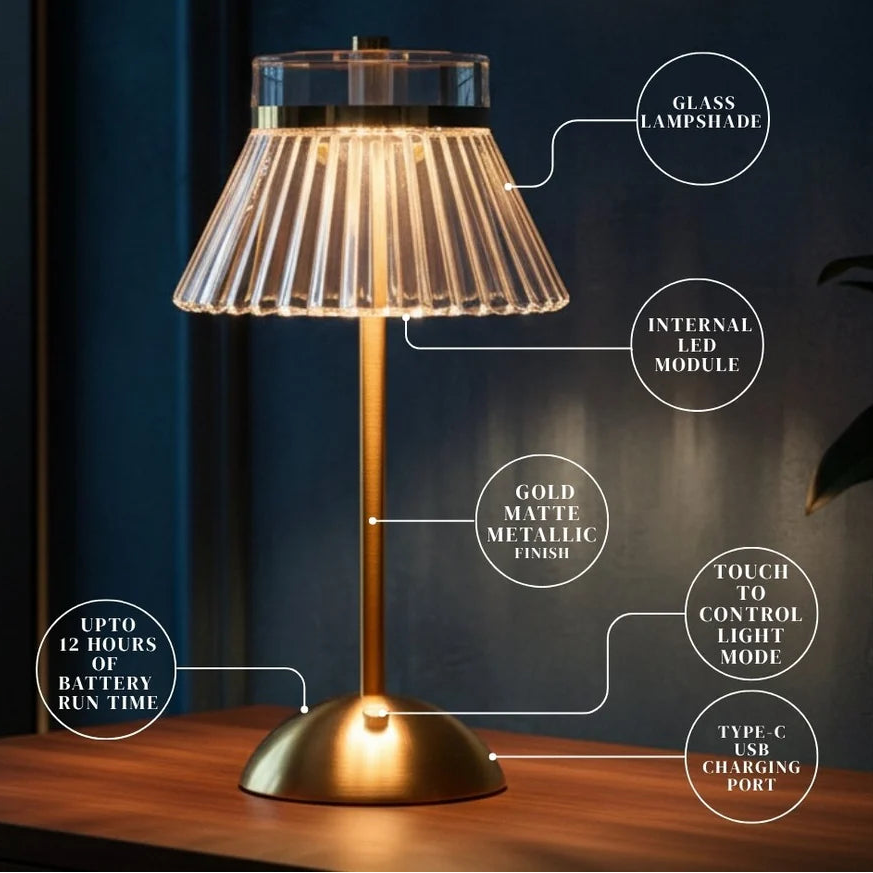 Lampe de table LED en cristal rechargeable – Lampe de chevet sans fil tactile à intensité variable avec 3 couleurs de lumière et base en métal doré
