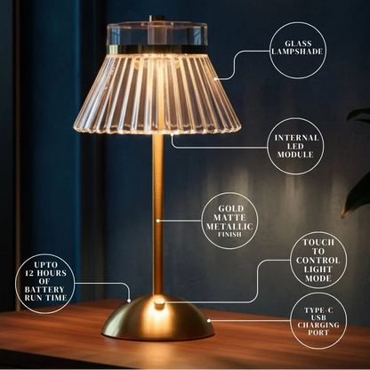 Lampe de table LED en cristal rechargeable – Lampe de chevet sans fil tactile à intensité variable avec 3 couleurs de lumière et base en métal doré