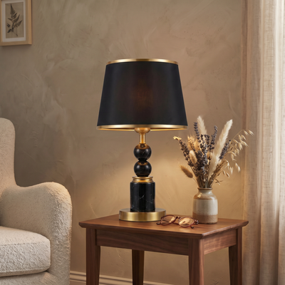Lampe de table Onyx – Lampe décorative noire et or avec abat-jour en tissu