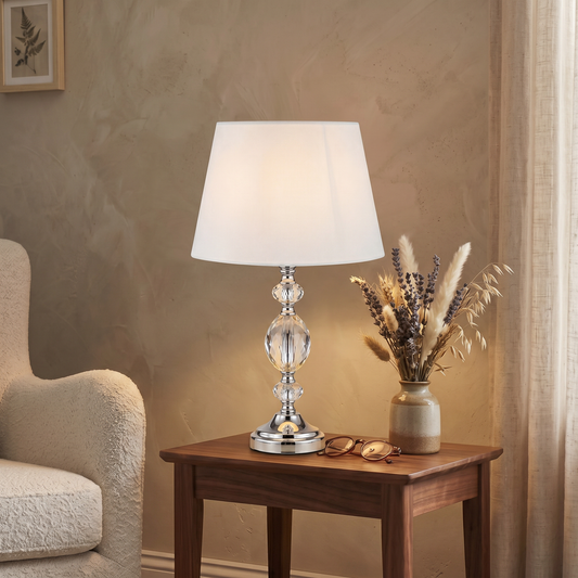 Lampe de table en cristal Aurelia – Lampe décorative argentée avec abat-jour en tissu blanc