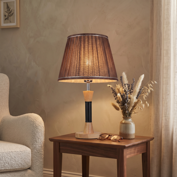 Lampe de table Natura – Lampe décorative en bois avec détails noirs et abat-jour en tissu