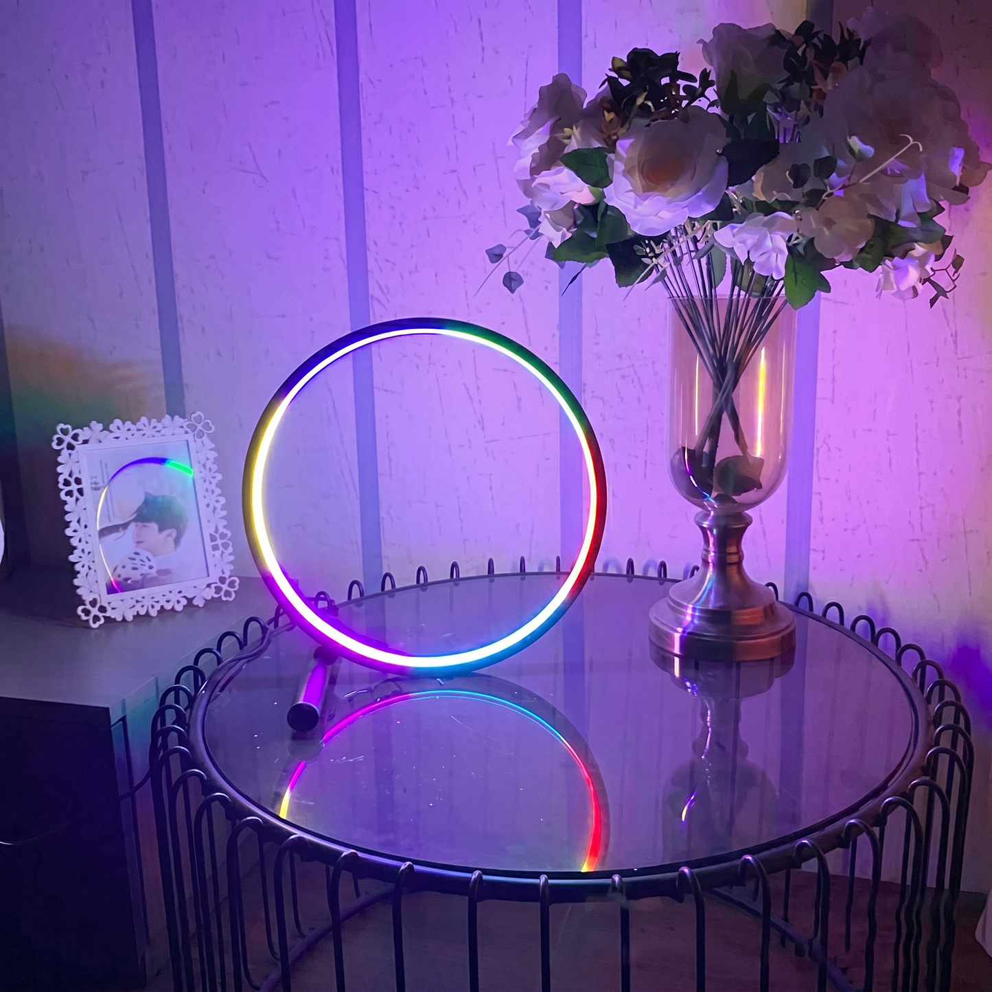 RGB Circular LED Bedside Lamp with Gesture Control – USB Powered Mood Light with Remote, Dimmable 3 Color Temperatures
