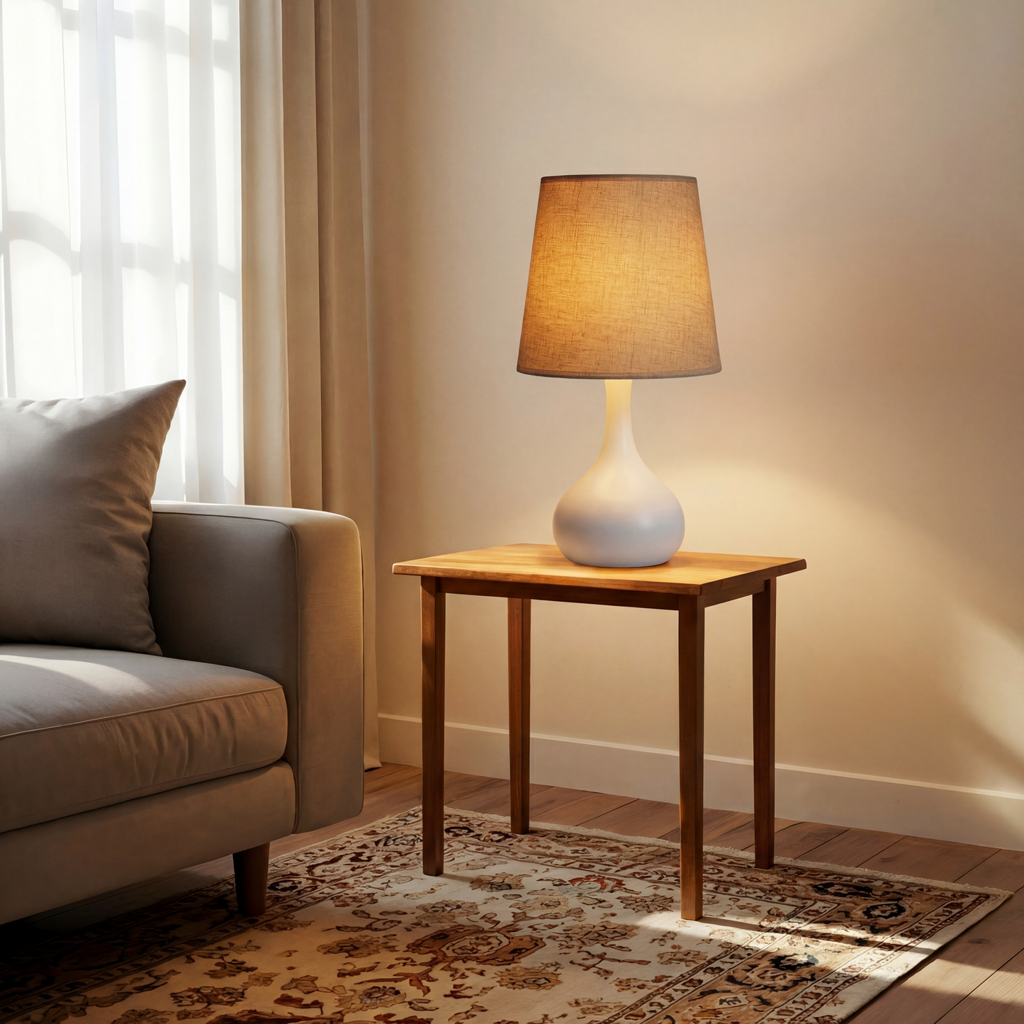 Lampe de table Alba – Lampe à abat-jour en tissu blanc avec lumière chaude et douce