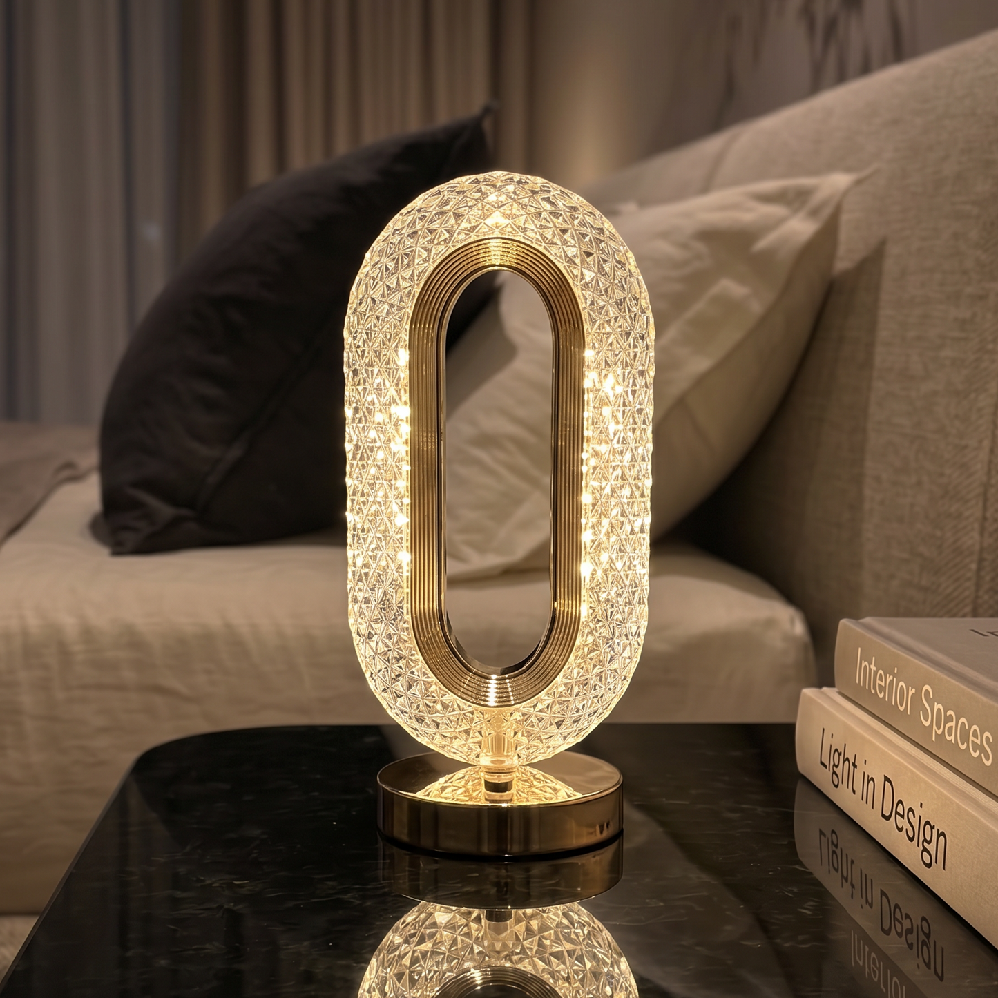 Lampe de table LED ovale portable Or Cristal - 3 modes d'éclairage, tactile à intensité variable