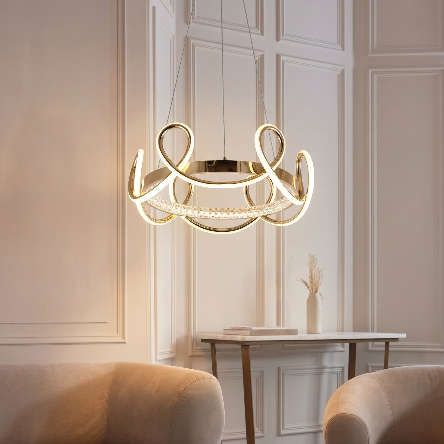 Lustre Boucle Aurore – Suspension LED Dorée au Design Bouclé Moderne