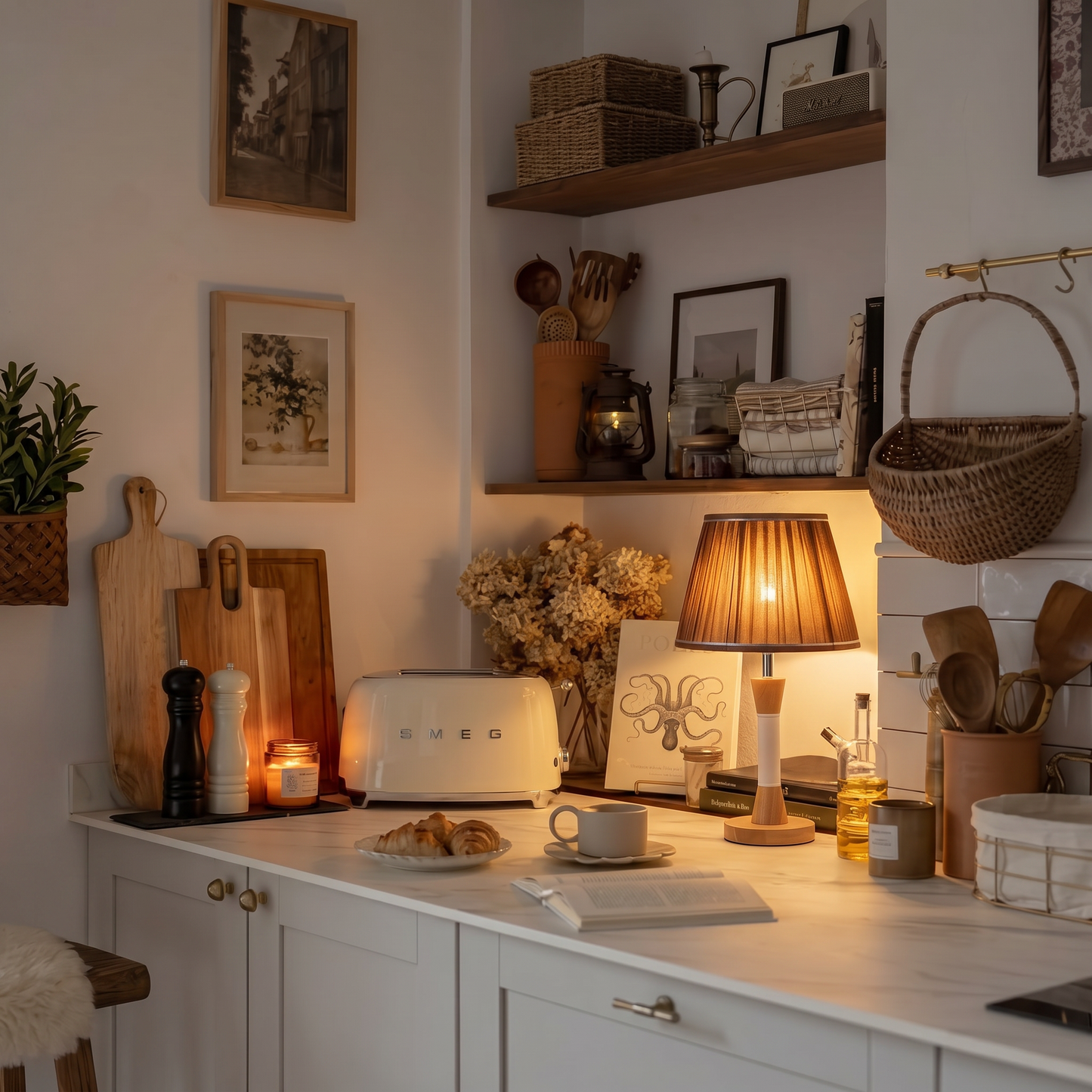 Lampe de table Avena – Lampe décorative en bois naturel et blanc avec abat-jour en tissu marron