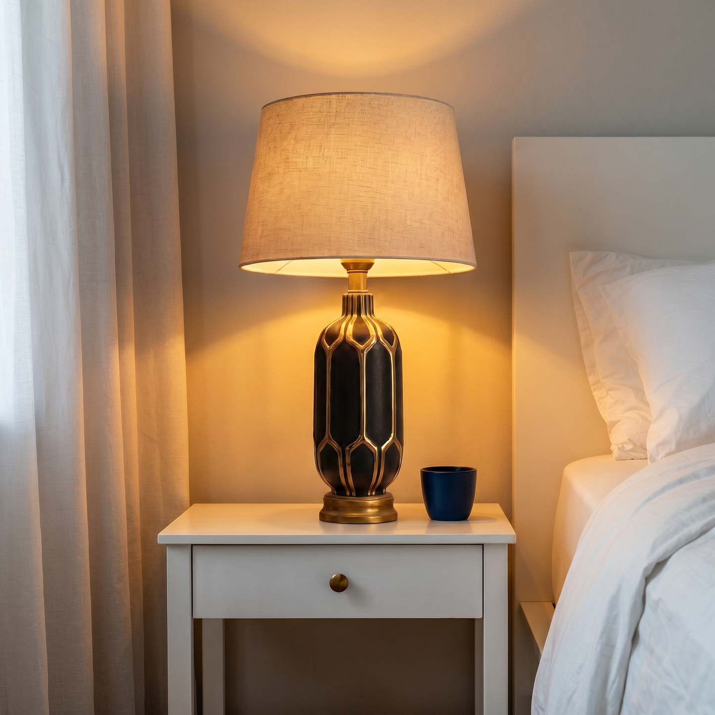 Lampe de table Noiré – Lampe décorative noire et dorée avec abat-jour en tissu