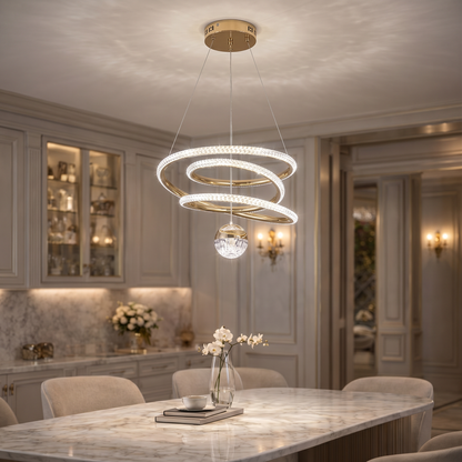 Suspension Nova Spiral – Lustre LED doré avec double anneau et accent de globe en cristal