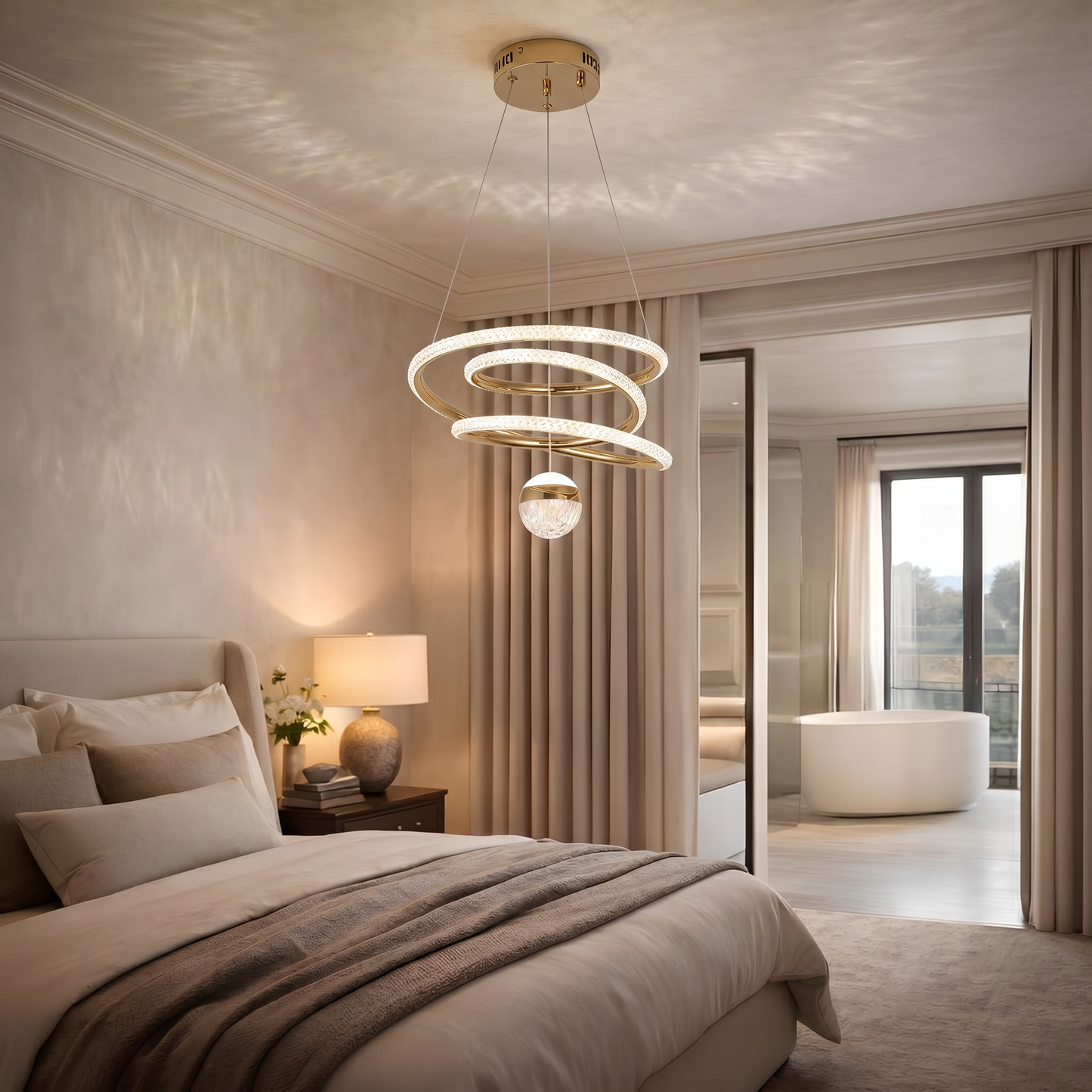 Suspension Nova Spiral – Lustre LED doré avec double anneau et accent de globe en cristal