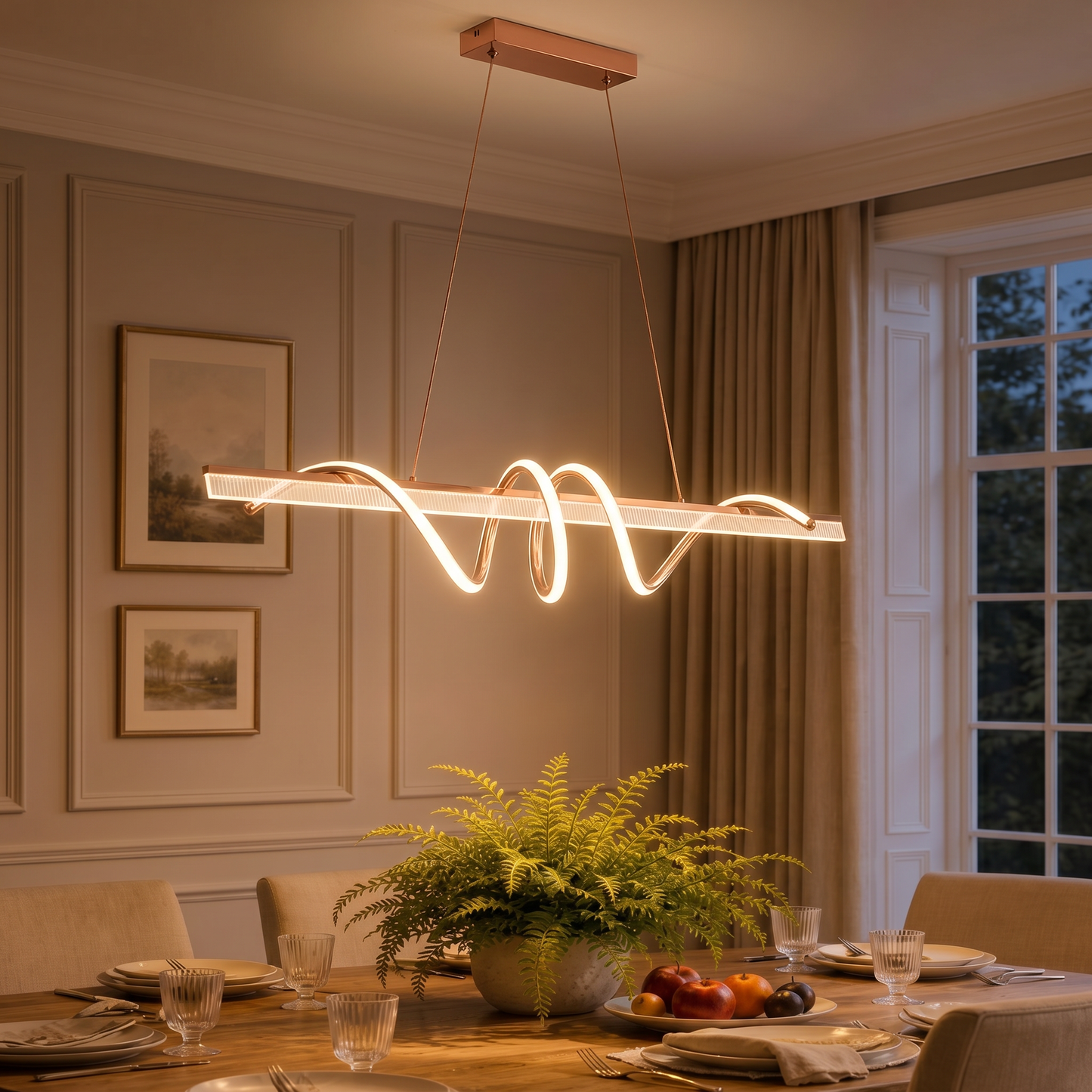 Suspension linéaire Luma Curve – Chandelier LED or rose avec design ondulé