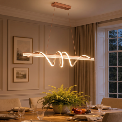 Suspension linéaire Luma Curve – Chandelier LED or rose avec design ondulé