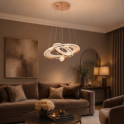 Suspension Luna Orbit – Chandelier LED doré avec design d'anneau moderne et accent en cristal