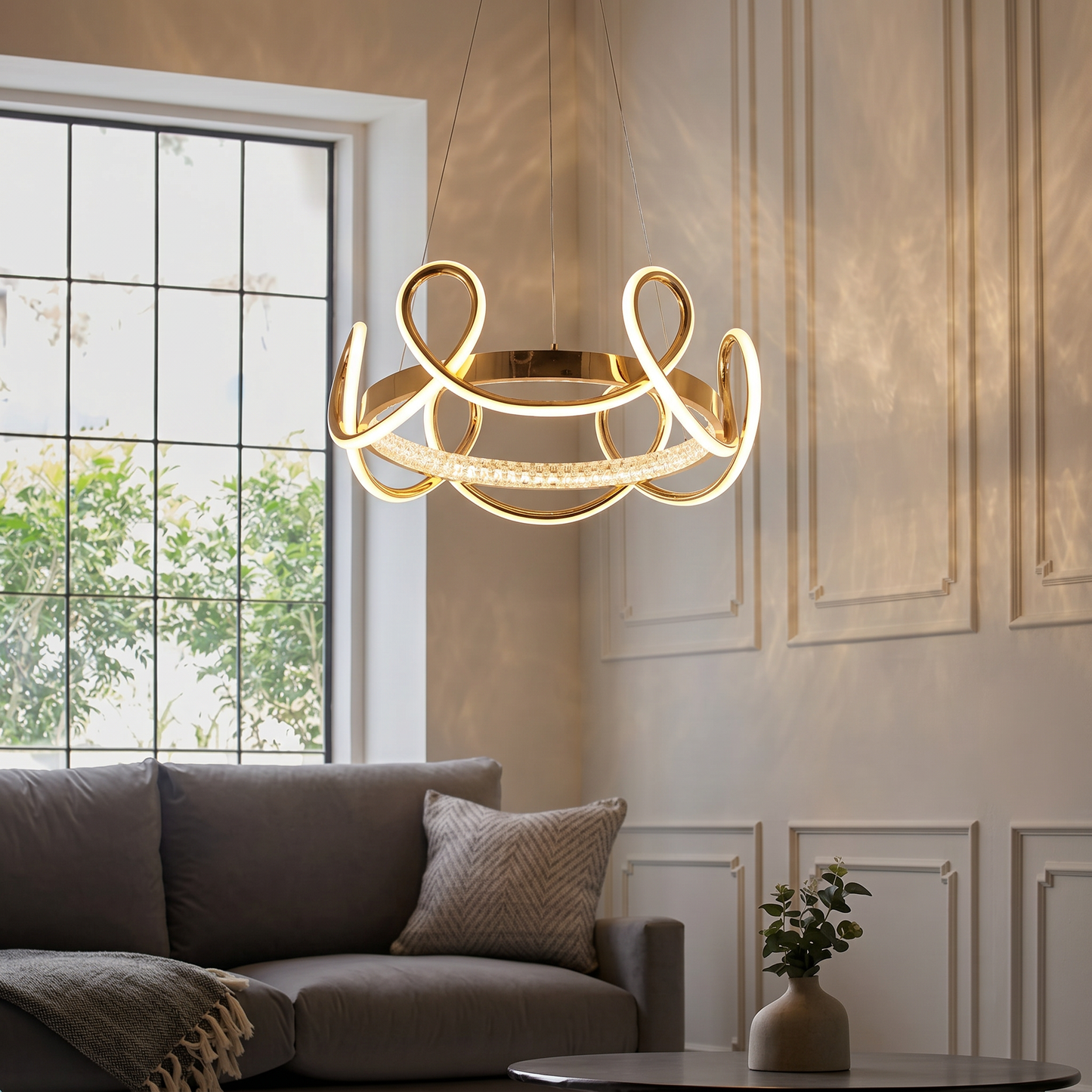 Lustre Boucle Aurore – Suspension LED Dorée au Design Bouclé Moderne