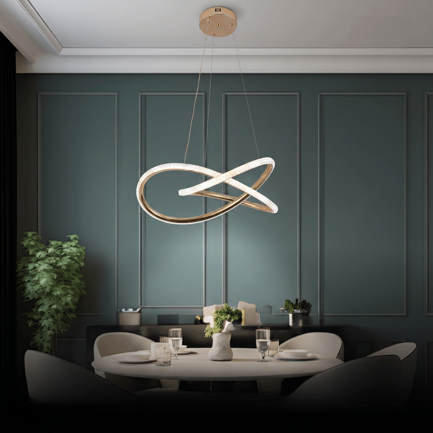 Suspension Éclipse Infinity – Lustre LED doré avec design moderne en boucle de cristal