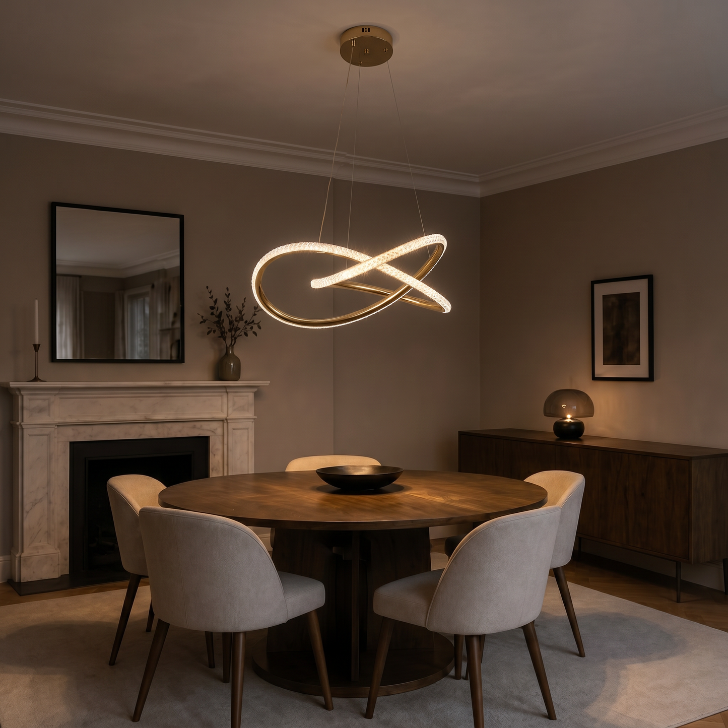 Suspension Éclipse Infinity – Lustre LED doré avec design moderne en boucle de cristal