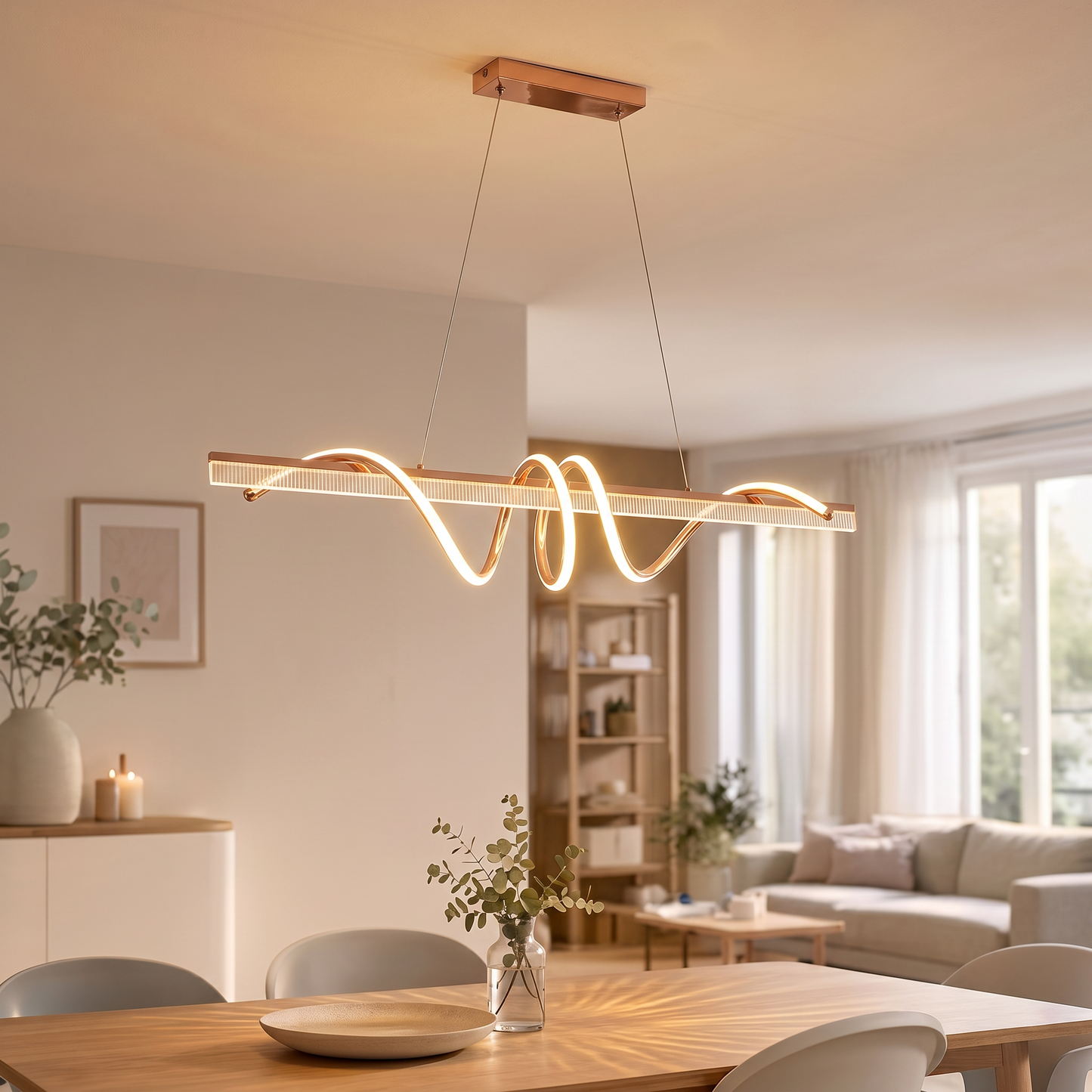 Suspension linéaire Luma Curve – Chandelier LED or rose avec design ondulé