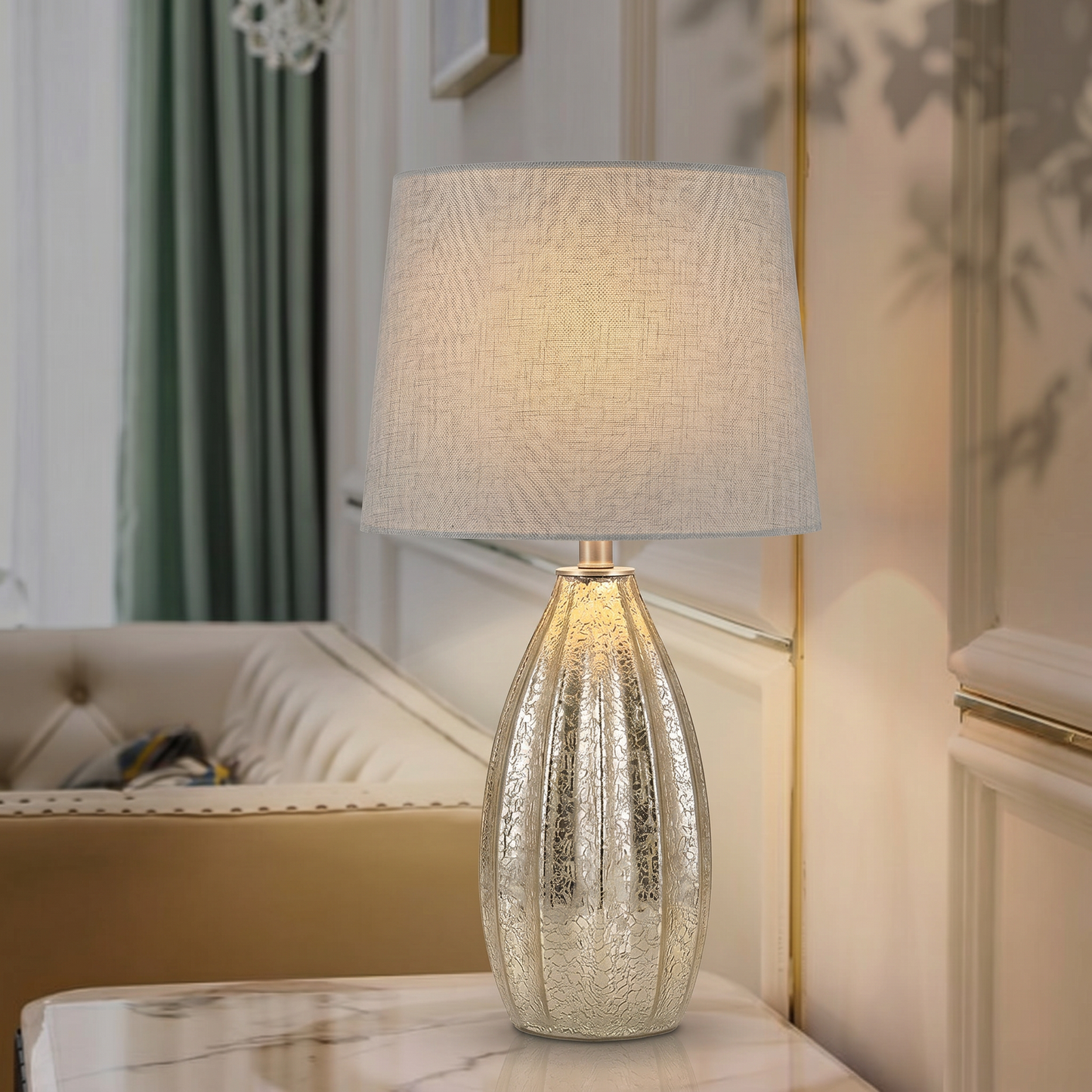 Lampe de table Selene – Lampe décorative argentée avec abat-jour en tissu gris