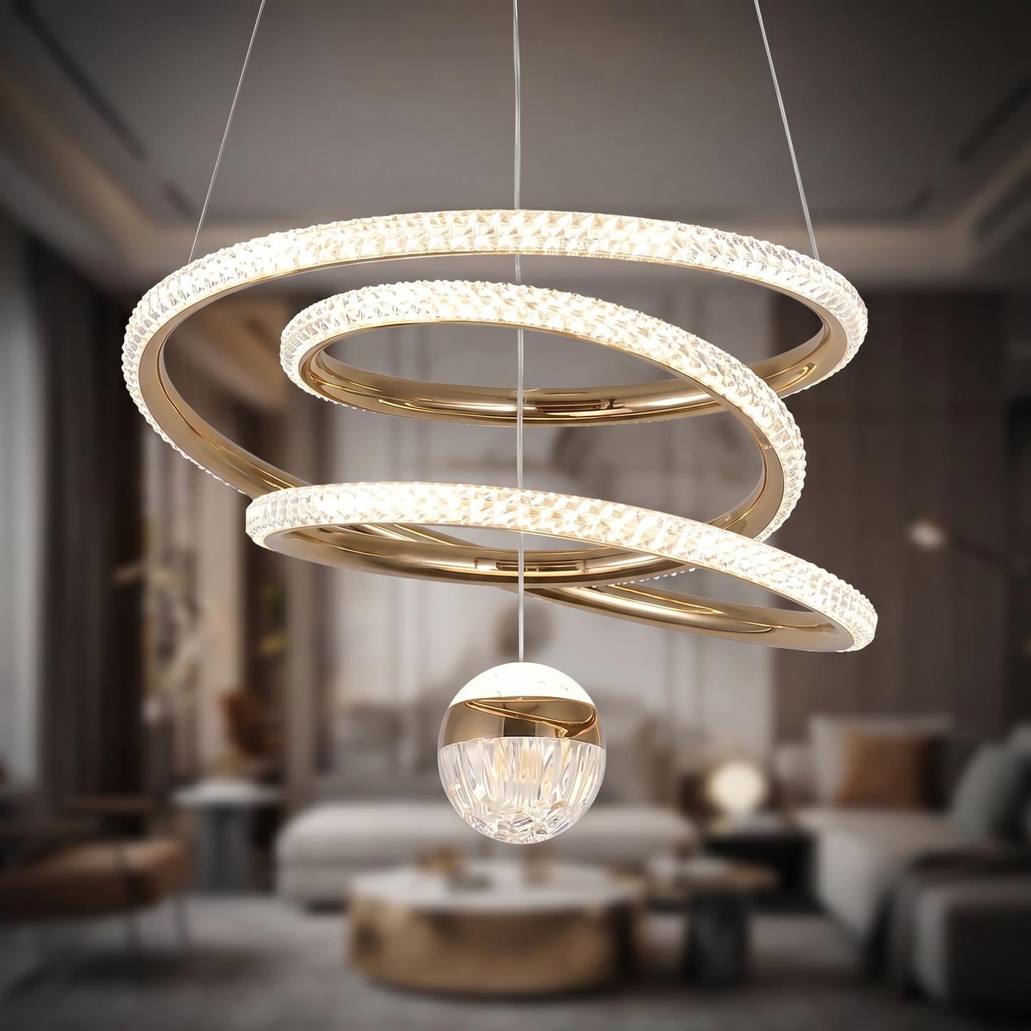 Suspension Nova Spiral – Lustre LED doré avec double anneau et accent de globe en cristal