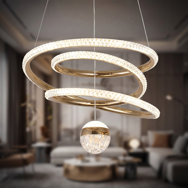Suspension Nova Spiral – Lustre LED doré avec double anneau et accent de globe en cristal