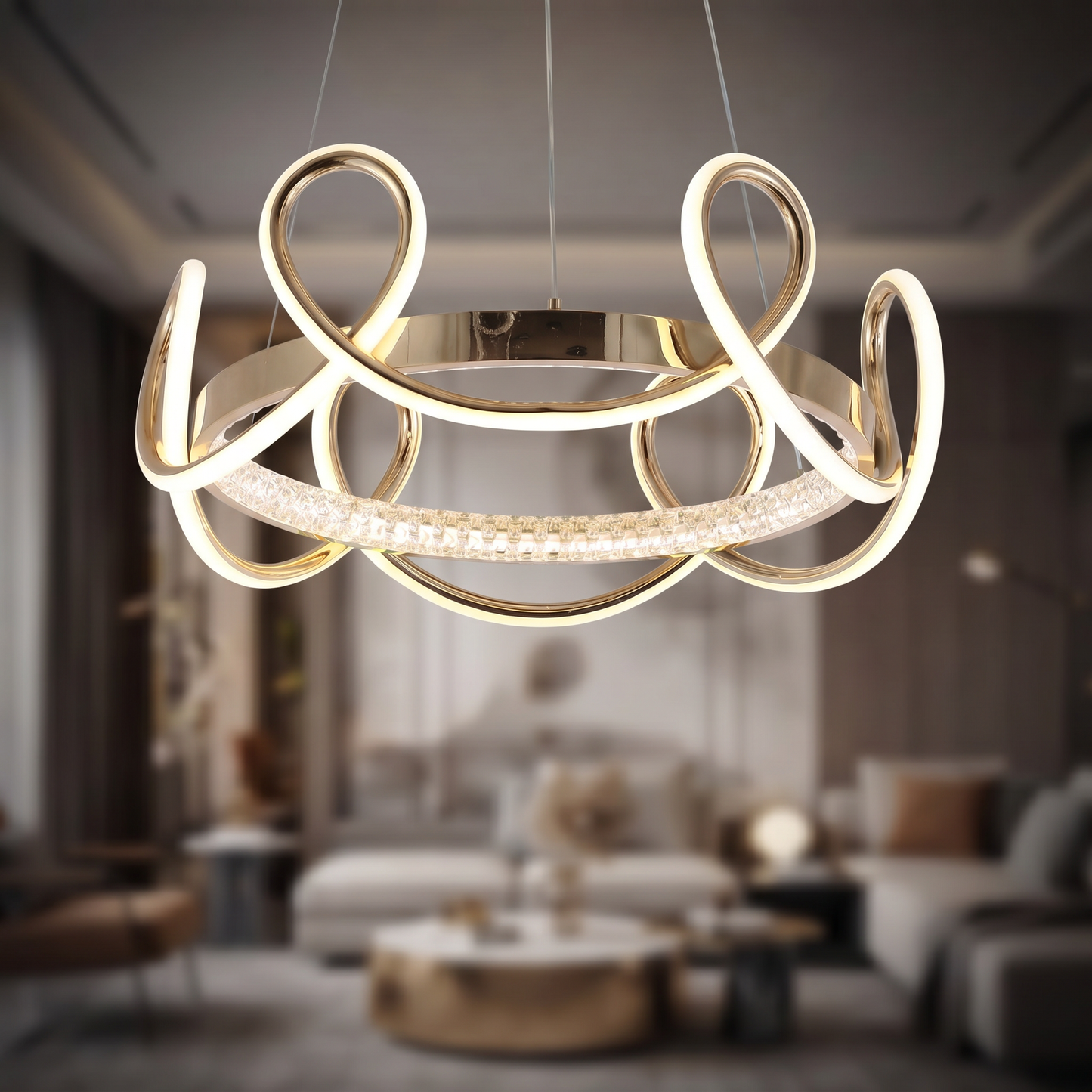 Lustre Boucle Aurore – Suspension LED Dorée au Design Bouclé Moderne