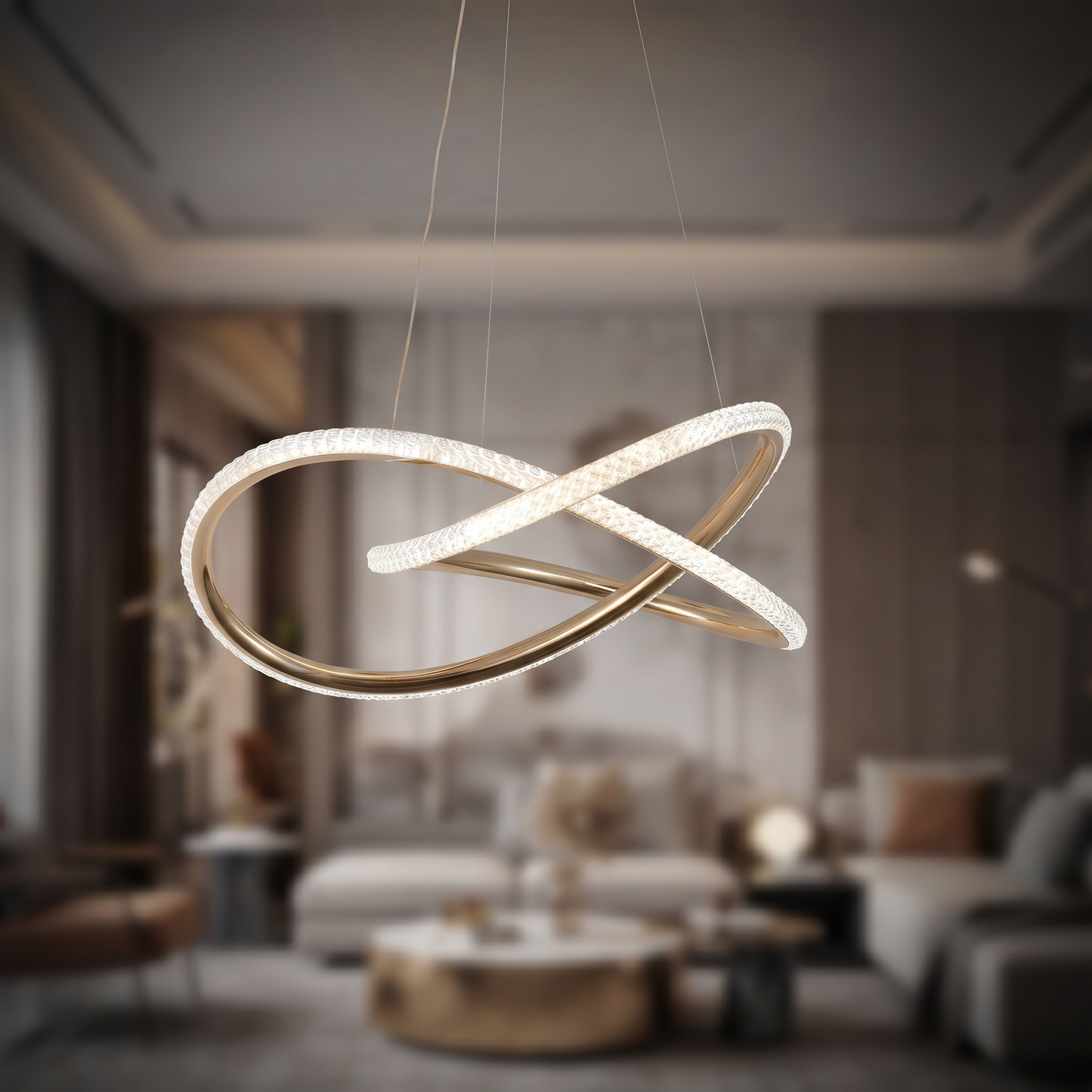 Suspension Éclipse Infinity – Lustre LED doré avec design moderne en boucle de cristal