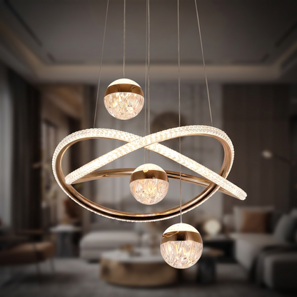Lustre Celeste Orbit – Suspension LED Dorée avec Boucle Infinie & Design Globe en Cristal