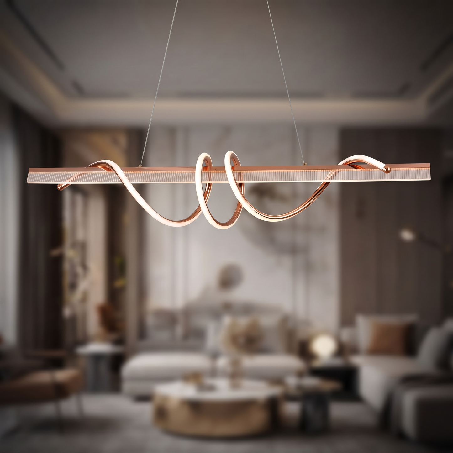 Suspension linéaire Luma Curve – Chandelier LED or rose avec design ondulé