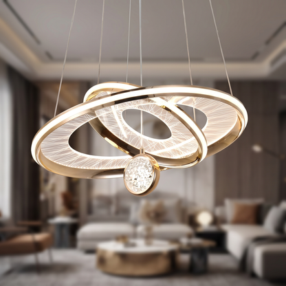 Suspension Luna Orbit – Chandelier LED doré avec design d'anneau moderne et accent en cristal