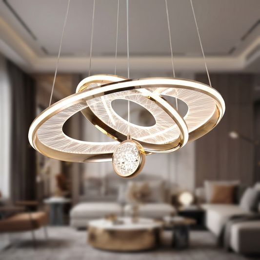 Suspension Luna Orbit – Chandelier LED doré avec design d'anneau moderne et accent en cristal