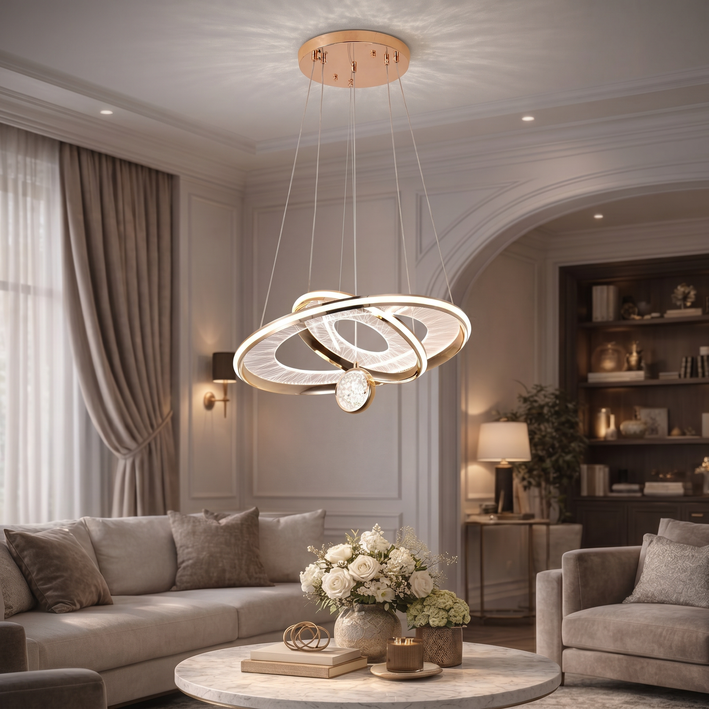 Suspension Luna Orbit – Chandelier LED doré avec design d'anneau moderne et accent en cristal