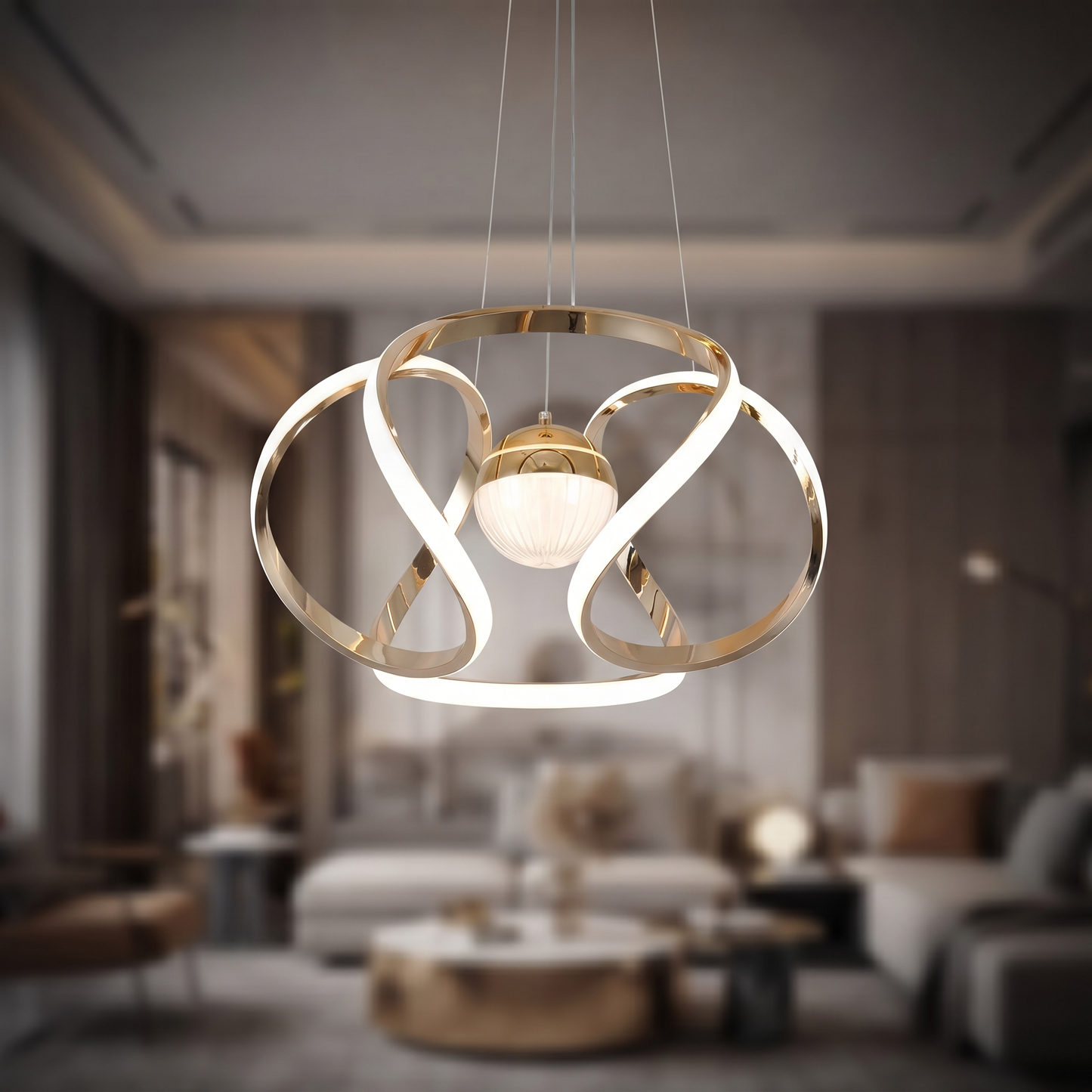 Lustre Infinity Halo – Suspension LED Dorée au Design Moderne en Forme de Boucle