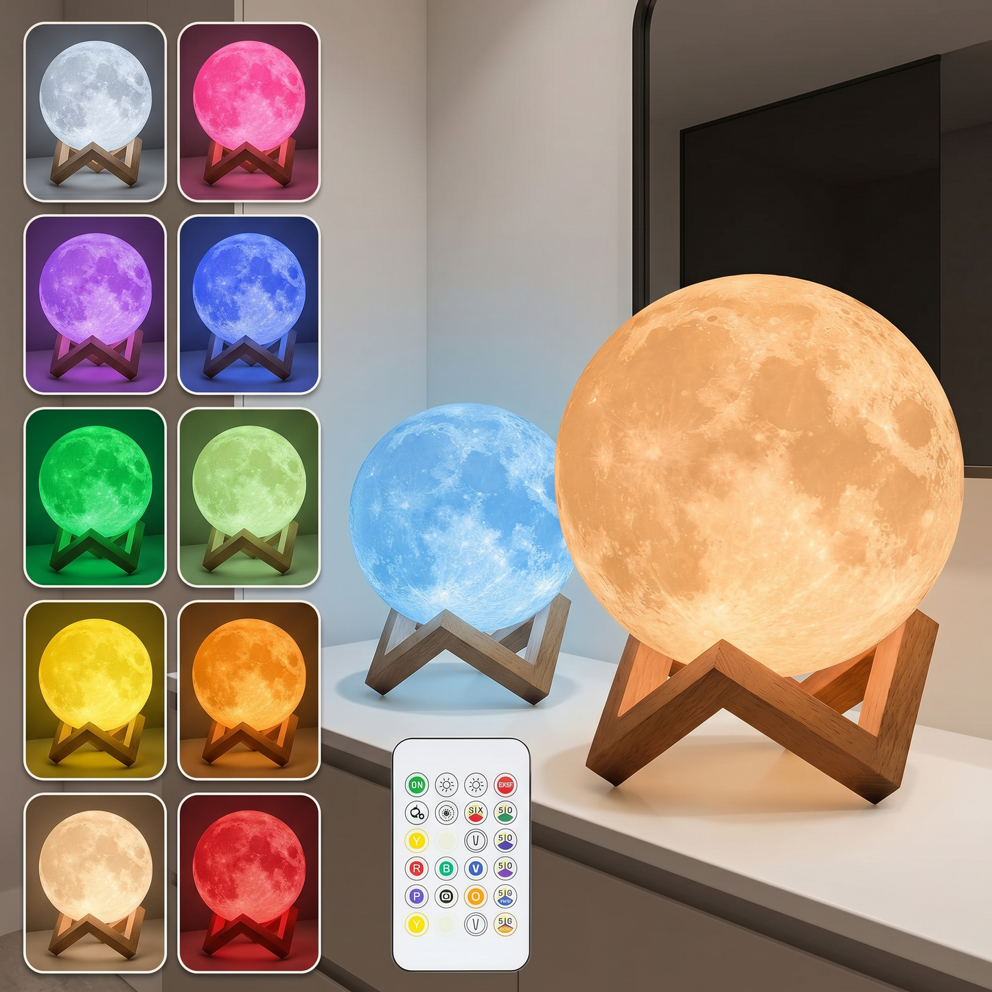 Lampe LED Lune 3D – Veilleuse LED 16 couleurs avec commande tactile et à distance (rechargeable par USB)