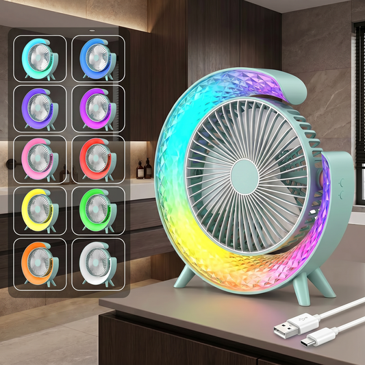 Ventilateur de bureau miniature rechargeable RGB BreezeGlow – Ventilateur portable 3 vitesses avec lumière d'ambiance colorée