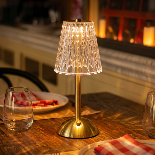 Lampe de table à LED sans fil en cristal – Veilleuse tactile dorée à intensité variable (3 couleurs, rechargeable)