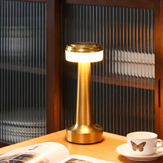 Lampe de table LED dorée rechargeable – Tactile, Intensité variable, 3 modes de couleur, Lumière d'ambiance moderne sans fil